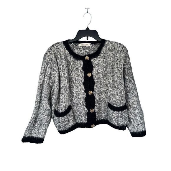 T3 VTG Lui Chantant Cable Knit Cardigan Sweater White Black Gray Small - Picture 1 of 7